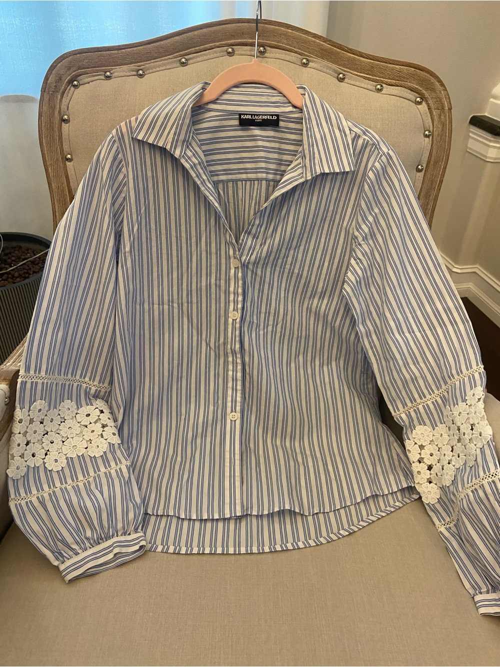 Karl Lagerfeld Blue and White Striped Button-Down Shirt with Lace Sleeve Insets
